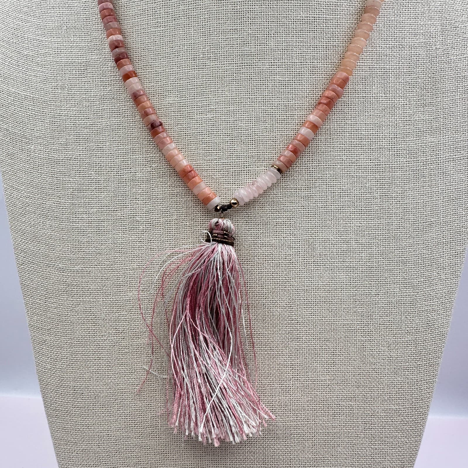 Vintage 80s Pink Peach Sunstone Gemstone Tassel Lariat Bead Necklace Jewelry - Thumbnail 3