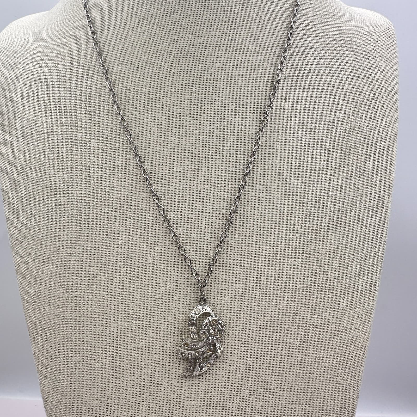 Vintage Y2K Silver Tone Rhinestone Abstract Floral Pendant Necklace Jewelry - Thumbnail 7