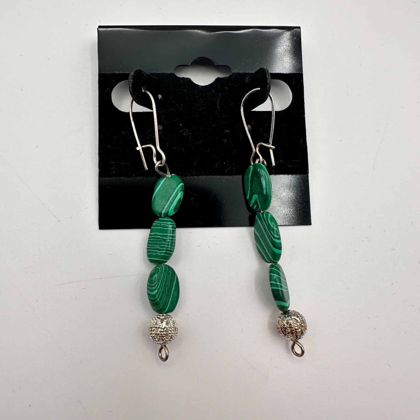 Vintage 90s Green Malachite Beaded Necklace Earrings Set Women's Classic Jewelry - Thumbnail 9