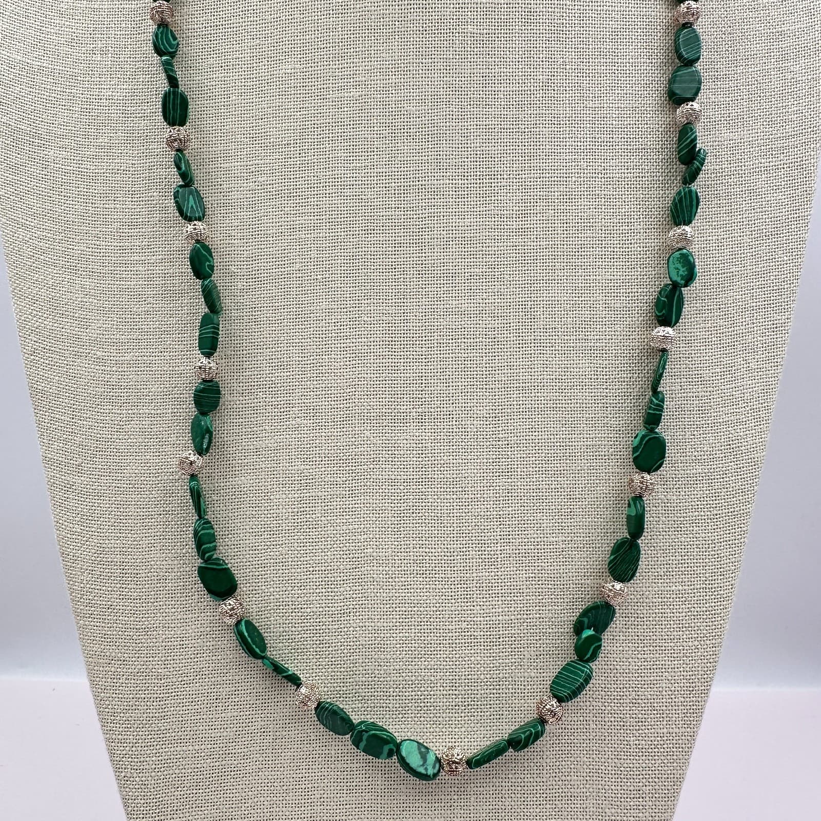 Vintage 90s Green Malachite Beaded Necklace Earrings Set Women's Classic Jewelry - Thumbnail 7
