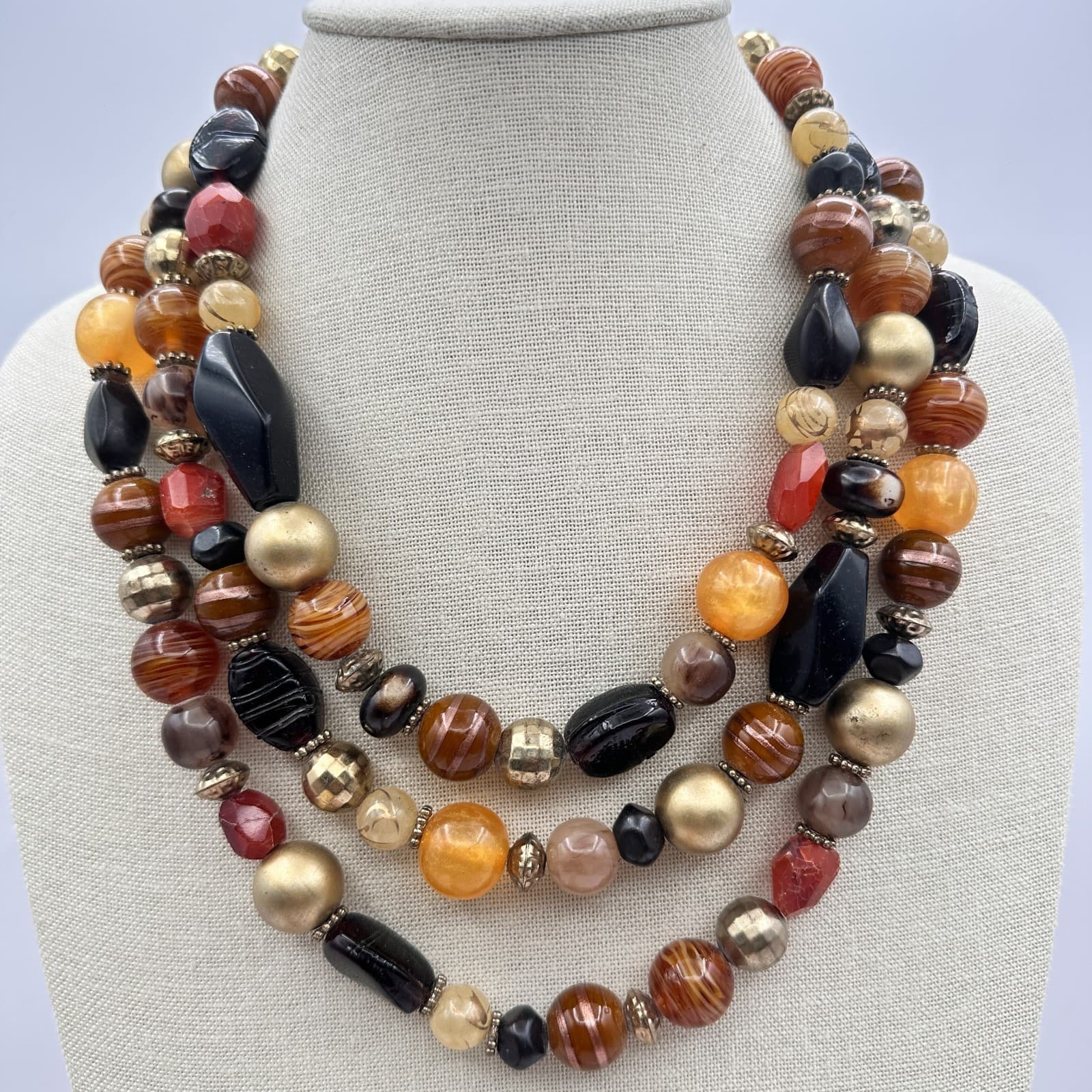 Vintage Y2K Gold Tone Multi Stand Chunky Beaded Necklace Statement Boho Jewelry - Thumbnail 8