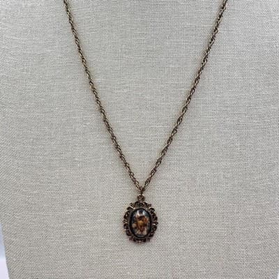 Vintage 90s Terrarium Pressed Floral Oval Pendant Necklace Bronze Tone Boho - Thumbnail 4