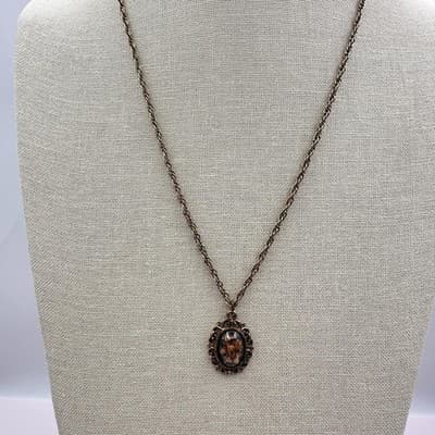 Vintage 90s Terrarium Pressed Floral Oval Pendant Necklace Bronze Tone Boho - Thumbnail 2