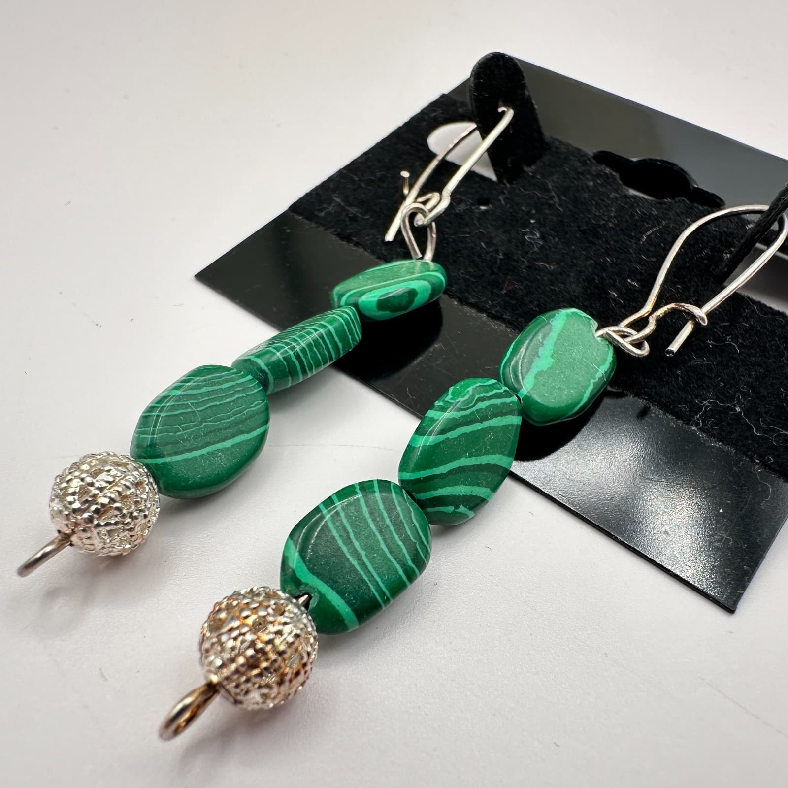 Vintage 90s Green Malachite Beaded Necklace Earrings Set Women's Classic Jewelry - Thumbnail 12