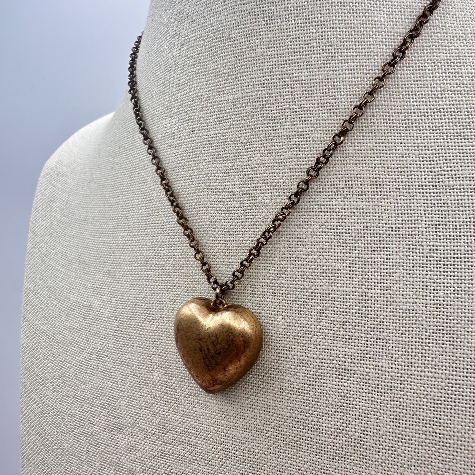 Vintage 80s Copper Tone Puffy Heart Pendant Necklace Women's Classic Jewelry - Thumbnail 6