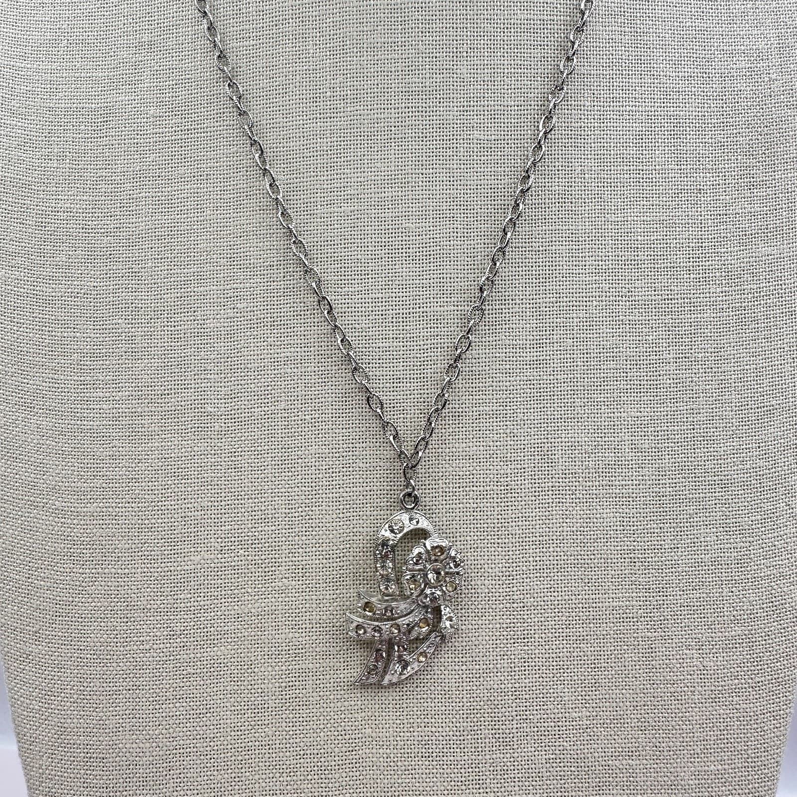 Vintage Y2K Silver Tone Rhinestone Abstract Floral Pendant Necklace Jewelry - Thumbnail 4