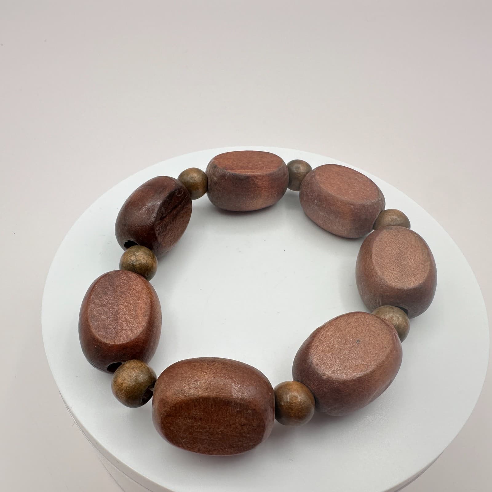 Vintage 80s Brown Wooden Bead Stretch Bracelet Statement Handcrafted Jewelry - Thumbnail 2