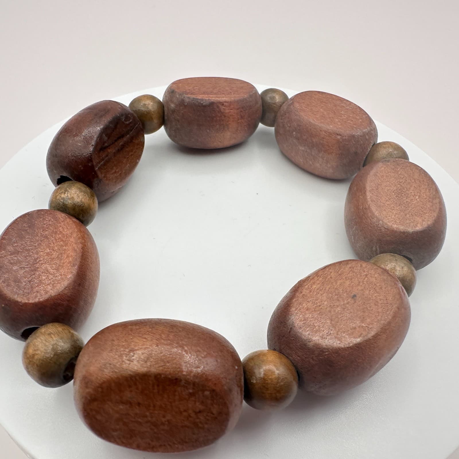 Vintage 80s Brown Wooden Bead Stretch Bracelet Statement Handcrafted Jewelry - Thumbnail 3