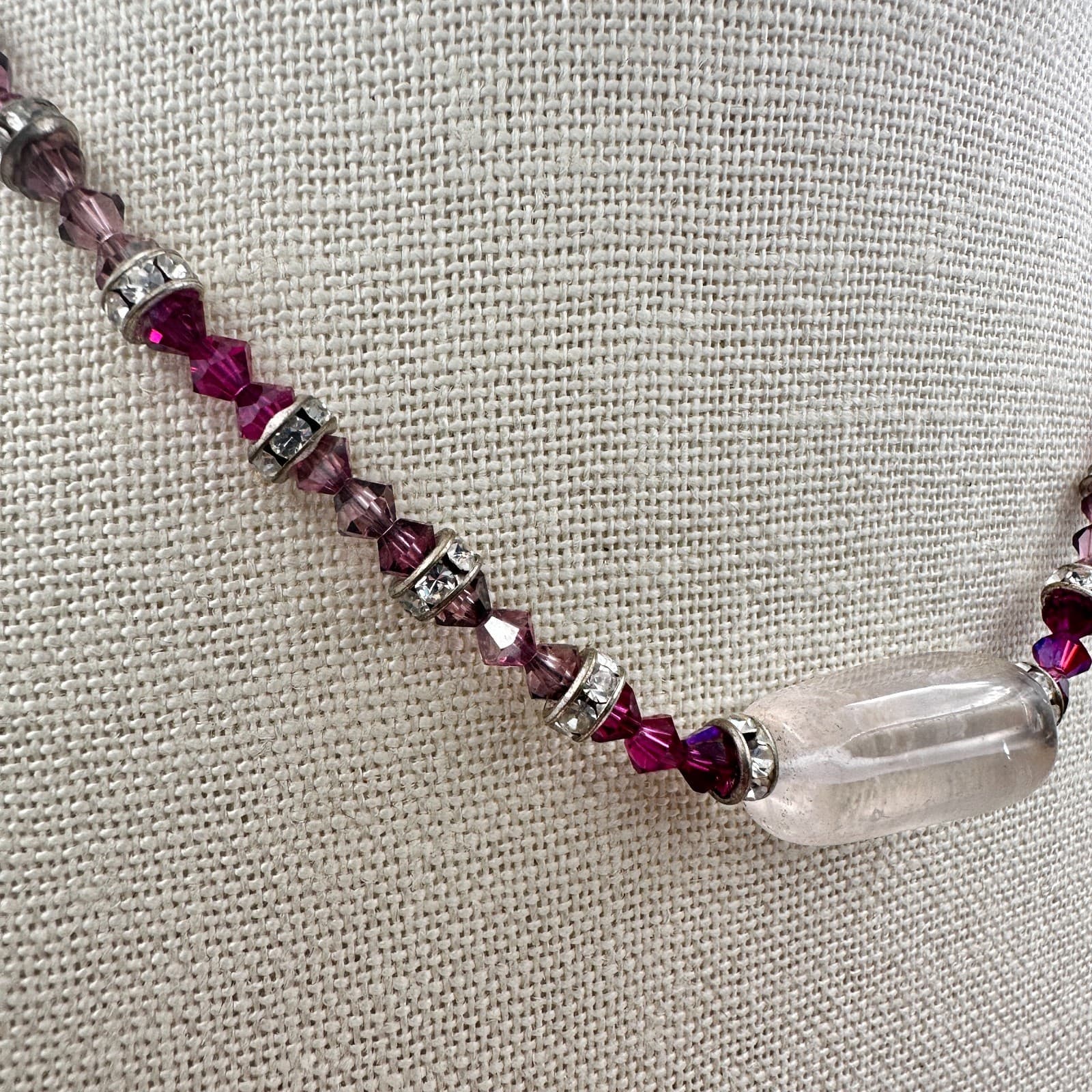 Vintage 90s Purple Beaded Necklace Silver Tone Clear Rhinestone Women's Jewelry - Thumbnail 3