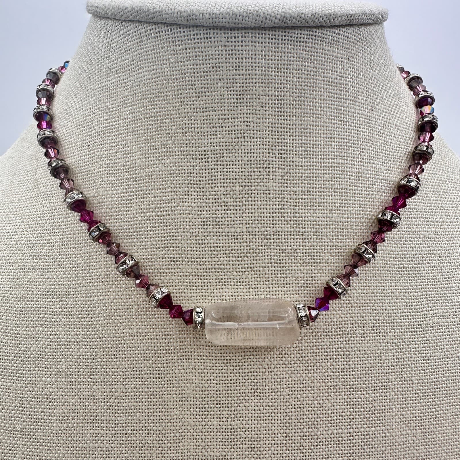 Vintage 90s Purple Beaded Necklace Silver Tone Clear Rhinestone Women's Jewelry - Thumbnail 2