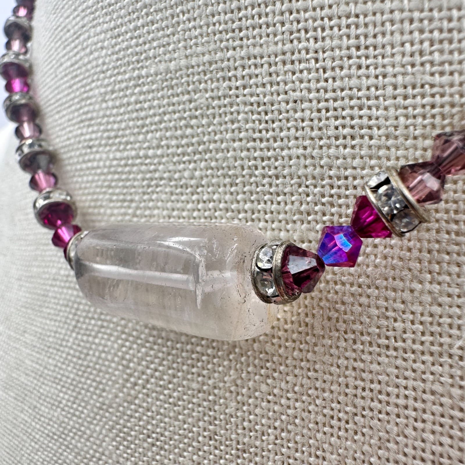 Vintage 90s Purple Beaded Necklace Silver Tone Clear Rhinestone Women's Jewelry - Thumbnail 6