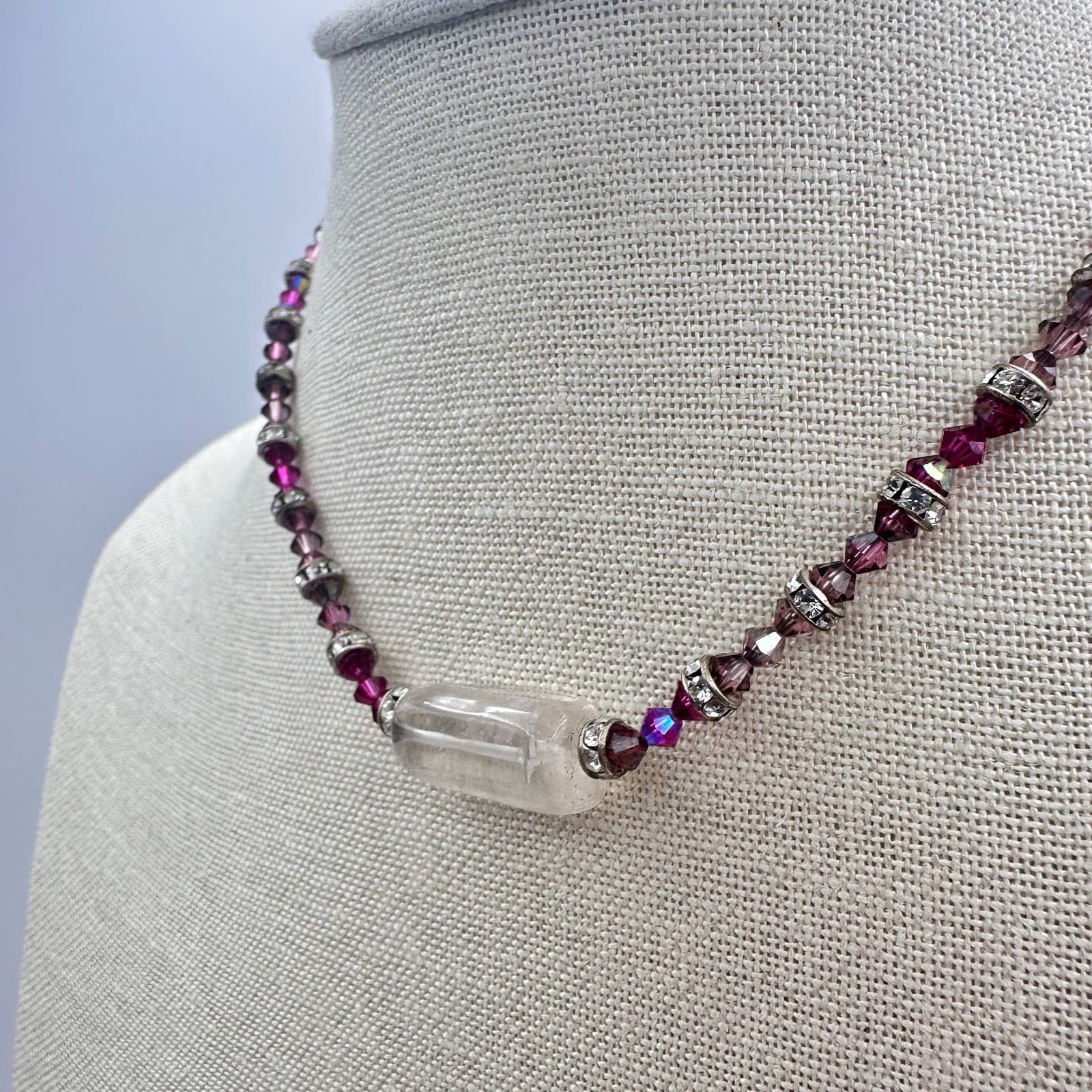 Vintage 90s Purple Beaded Necklace Silver Tone Clear Rhinestone Women's Jewelry - Thumbnail 7