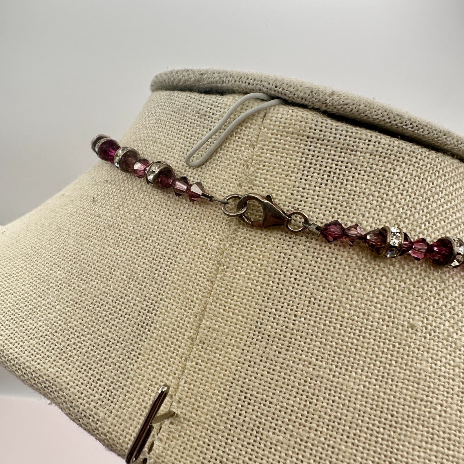 Vintage 90s Purple Beaded Necklace Silver Tone Clear Rhinestone Women's Jewelry - Thumbnail 9