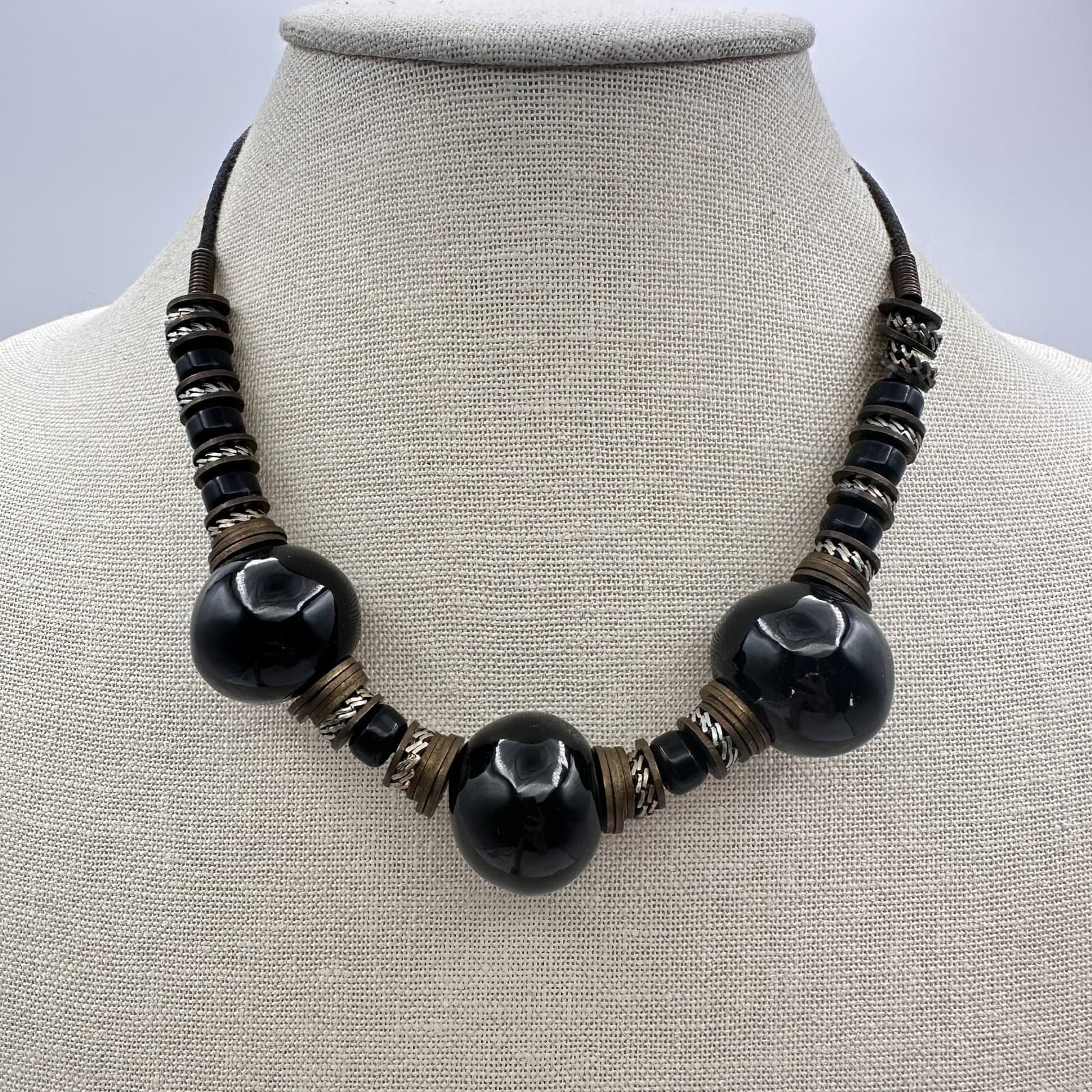 Vintage 80s Boho Black Ceramic Clay Bead Statement Necklace Tribal Brass Jewelry - Thumbnail 8