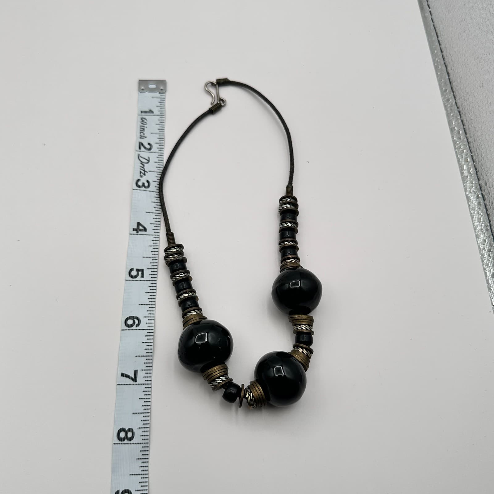 Vintage 80s Boho Black Ceramic Clay Bead Statement Necklace Tribal Brass Jewelry - Thumbnail 10