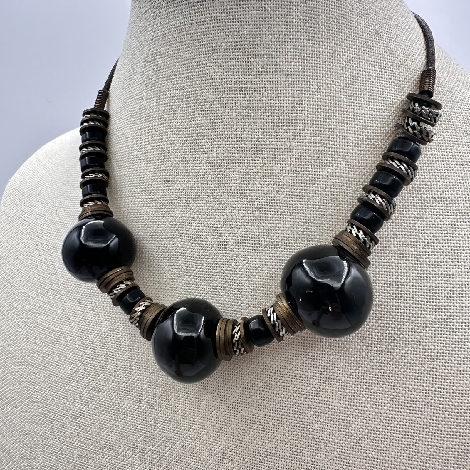 Vintage 80s Boho Black Ceramic Clay Bead Statement Necklace Tribal Brass Jewelry - Thumbnail 6