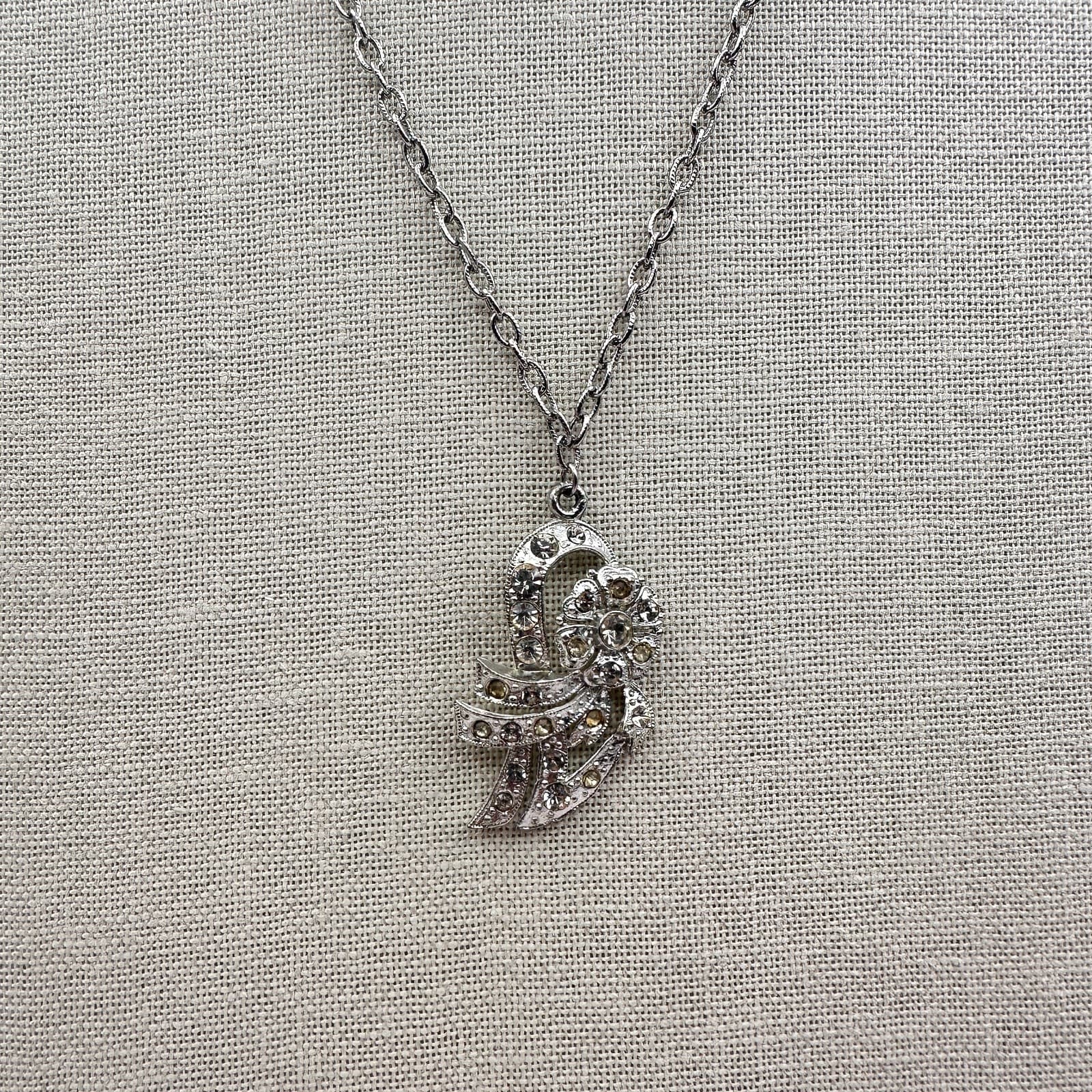 Vintage Y2K Silver Tone Rhinestone Abstract Floral Pendant Necklace Jewelry - Thumbnail 3