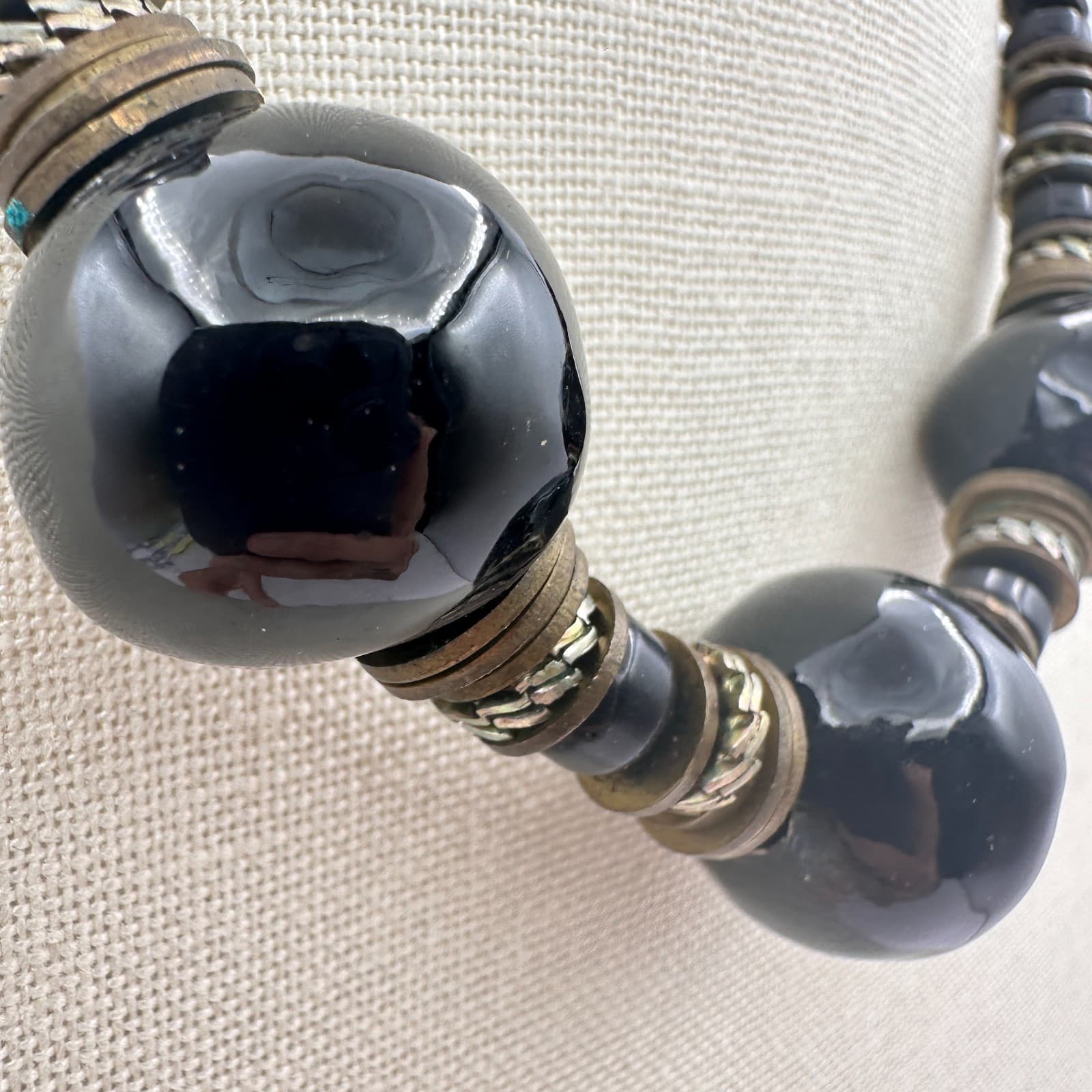 Vintage 80s Boho Black Ceramic Clay Bead Statement Necklace Tribal Brass Jewelry - Thumbnail 5