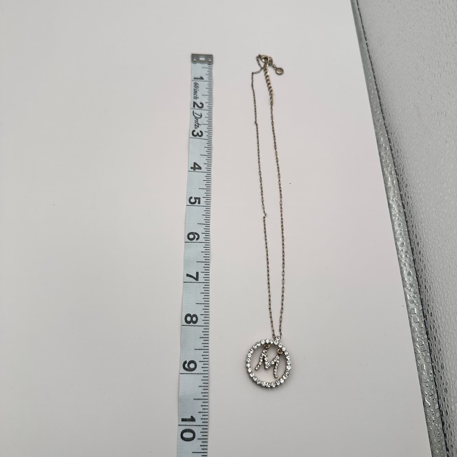 Vintage 90s Liz Claiborne Initial M Circle Pendant Necklace Gold Tone Rhinestone - Thumbnail 9