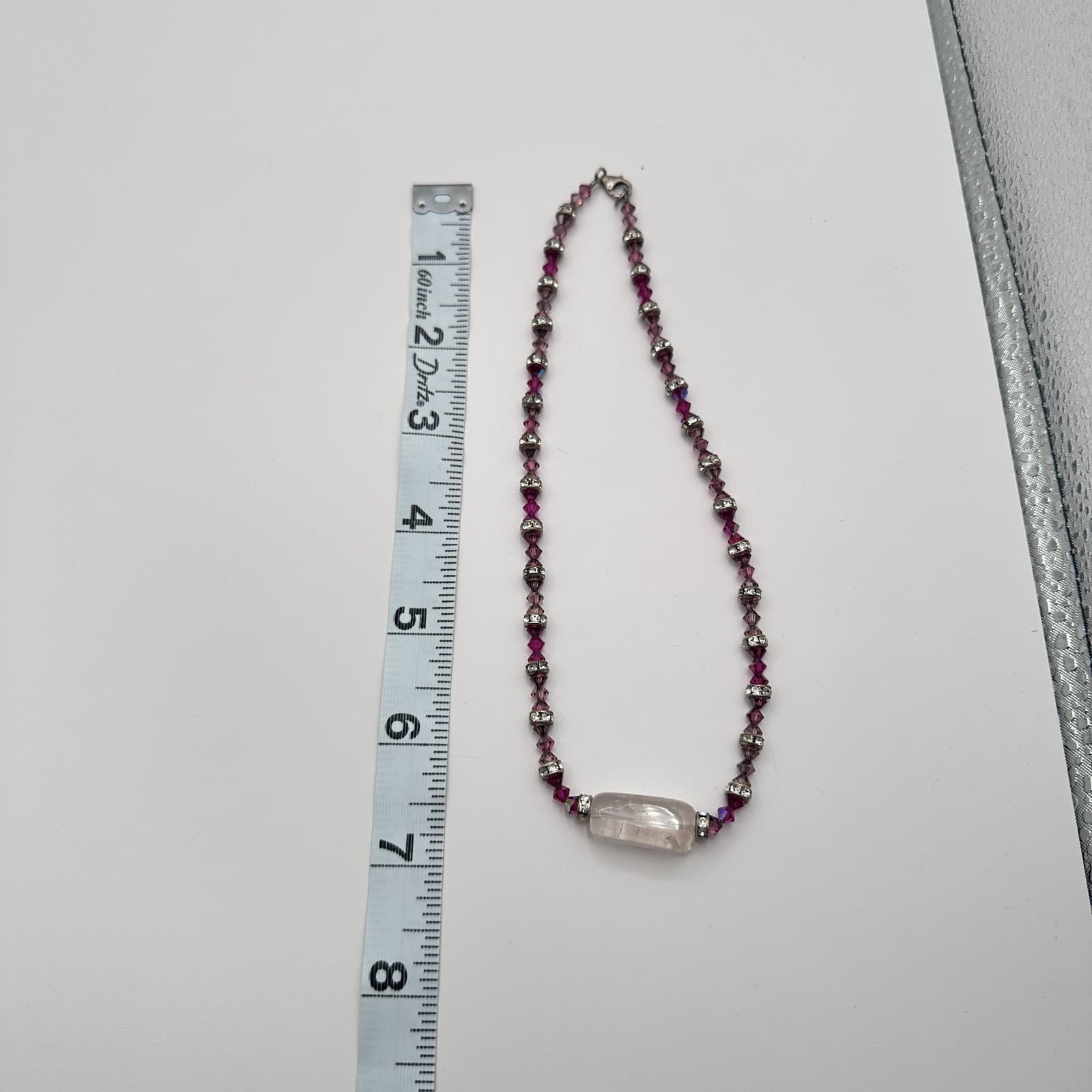 Vintage 90s Purple Beaded Necklace Silver Tone Clear Rhinestone Women's Jewelry - Thumbnail 10