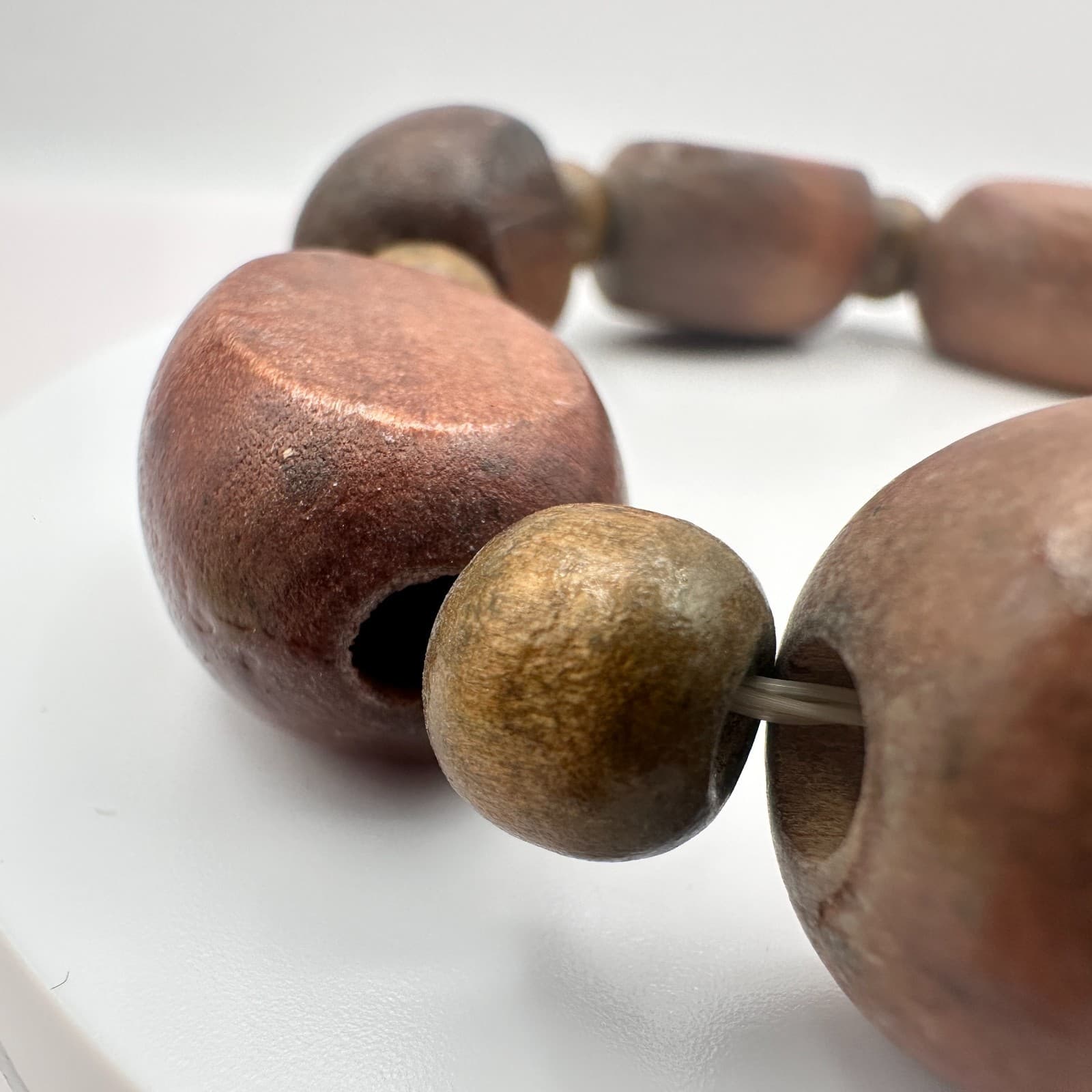 Vintage 80s Brown Wooden Bead Stretch Bracelet Statement Handcrafted Jewelry - Thumbnail 5