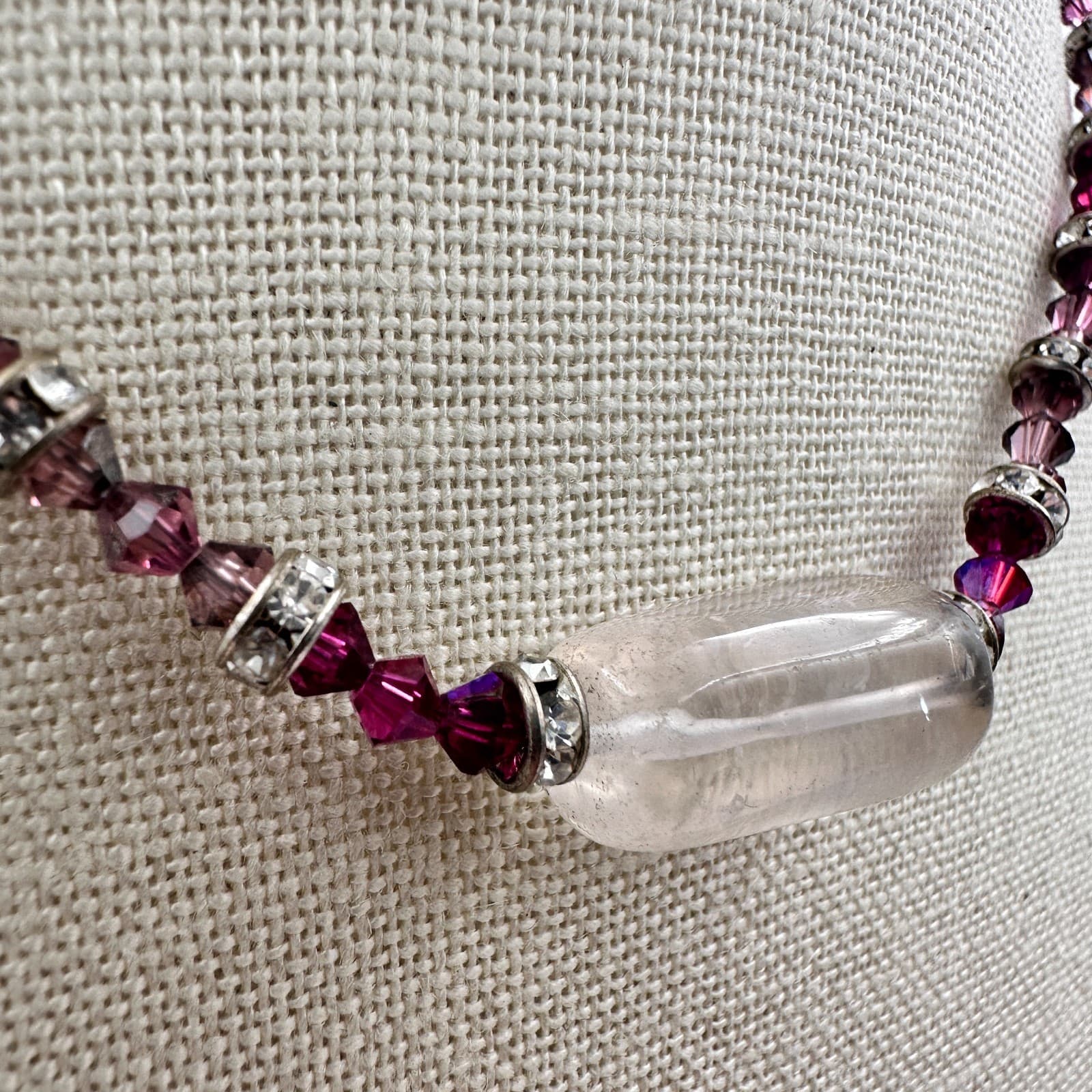 Vintage 90s Purple Beaded Necklace Silver Tone Clear Rhinestone Women's Jewelry - Thumbnail 4