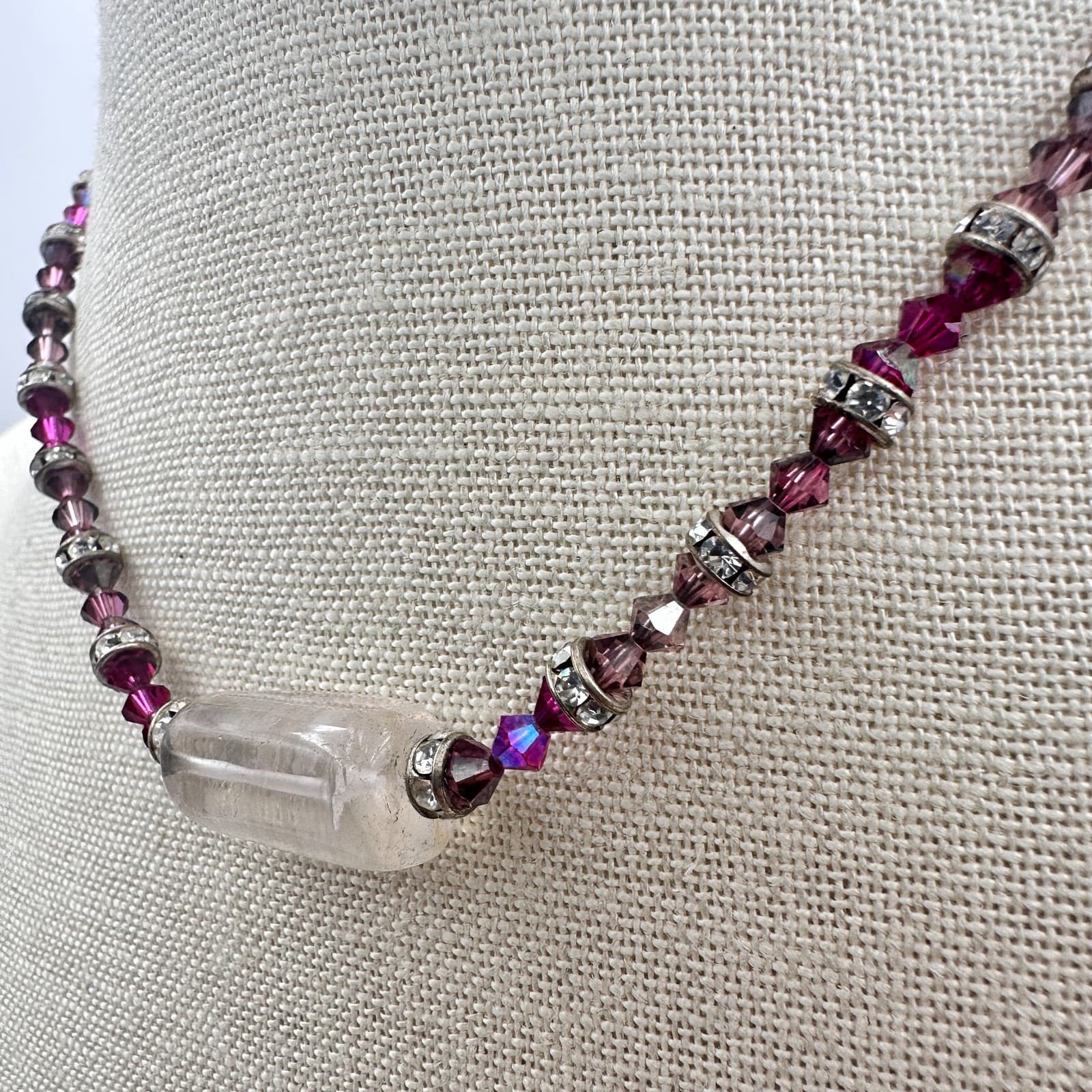 Vintage 90s Purple Beaded Necklace Silver Tone Clear Rhinestone Women's Jewelry - Thumbnail 5