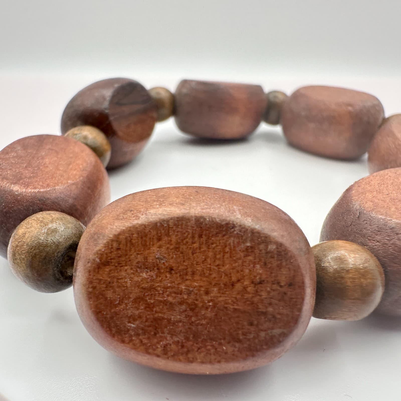 Vintage 80s Brown Wooden Bead Stretch Bracelet Statement Handcrafted Jewelry - Thumbnail 4