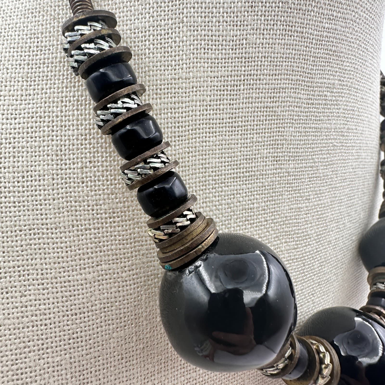 Vintage 80s Boho Black Ceramic Clay Bead Statement Necklace Tribal Brass Jewelry - Thumbnail 4