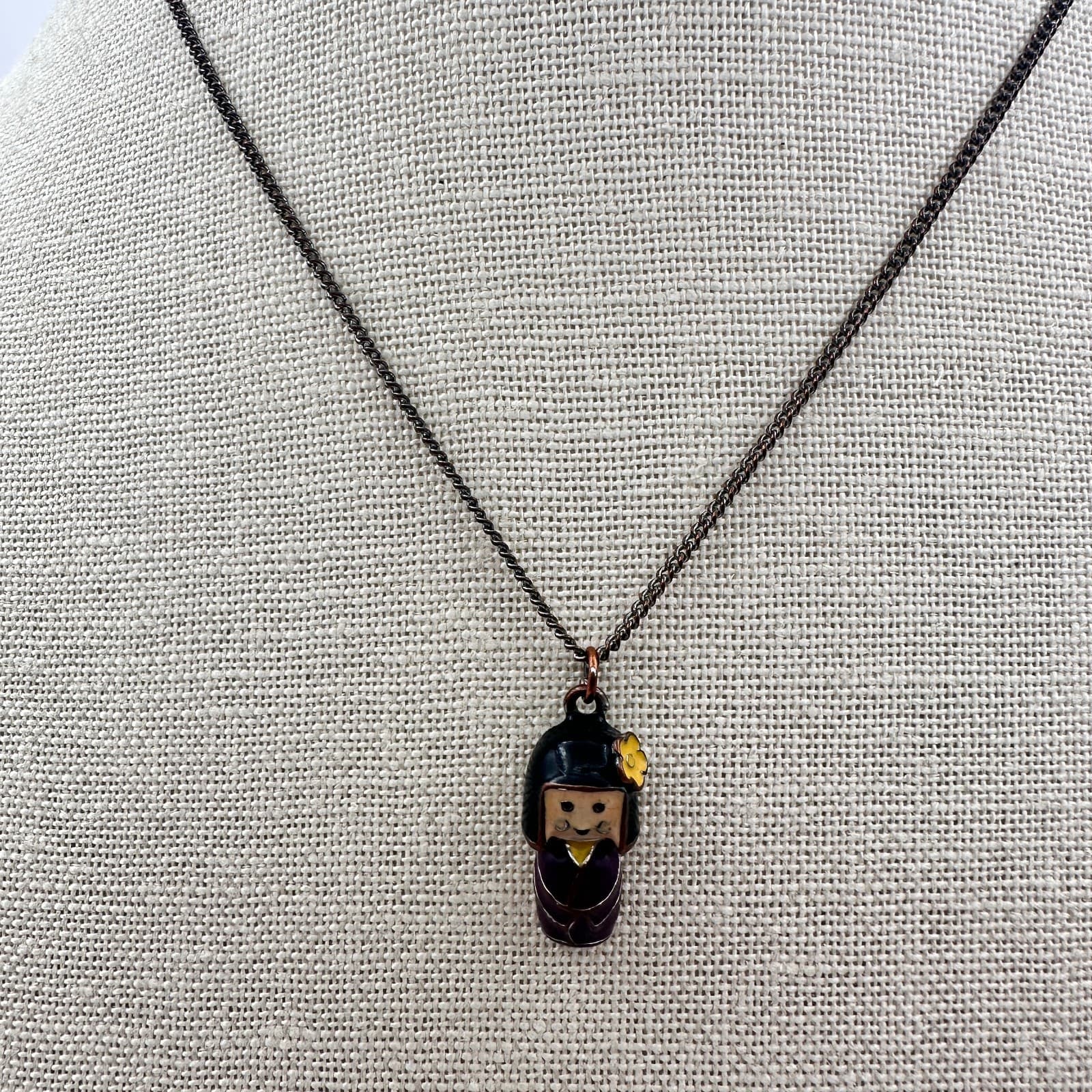 Vintage 90s Kokeshi Doll Japanese Kimono Enamel Pendant Necklace Women's Jewelry - Thumbnail 6