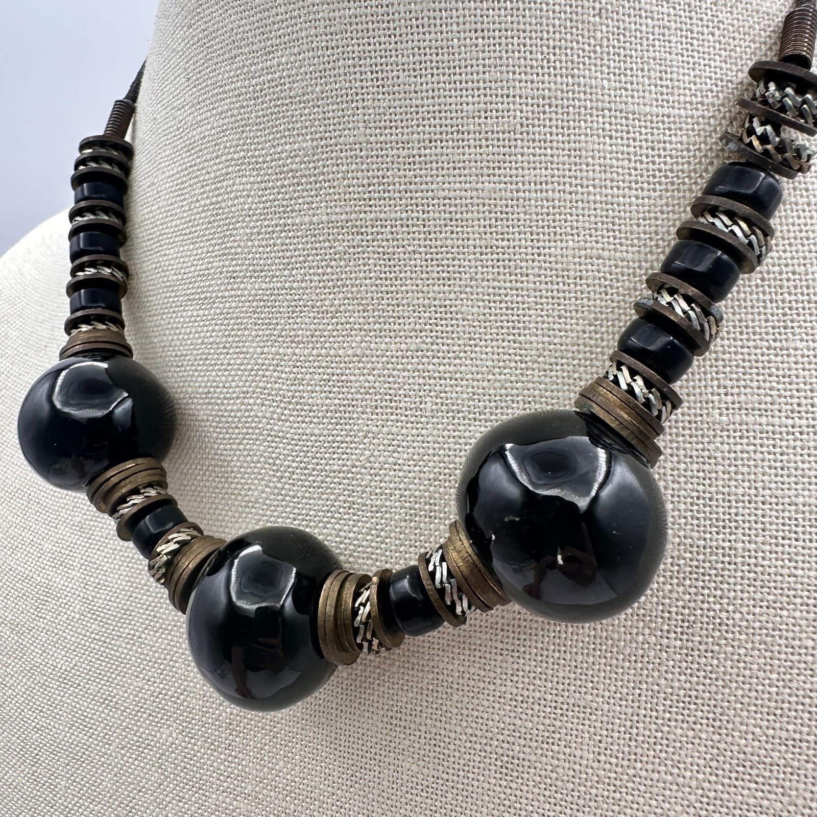 Vintage 80s Boho Black Ceramic Clay Bead Statement Necklace Tribal Brass Jewelry - Thumbnail 7