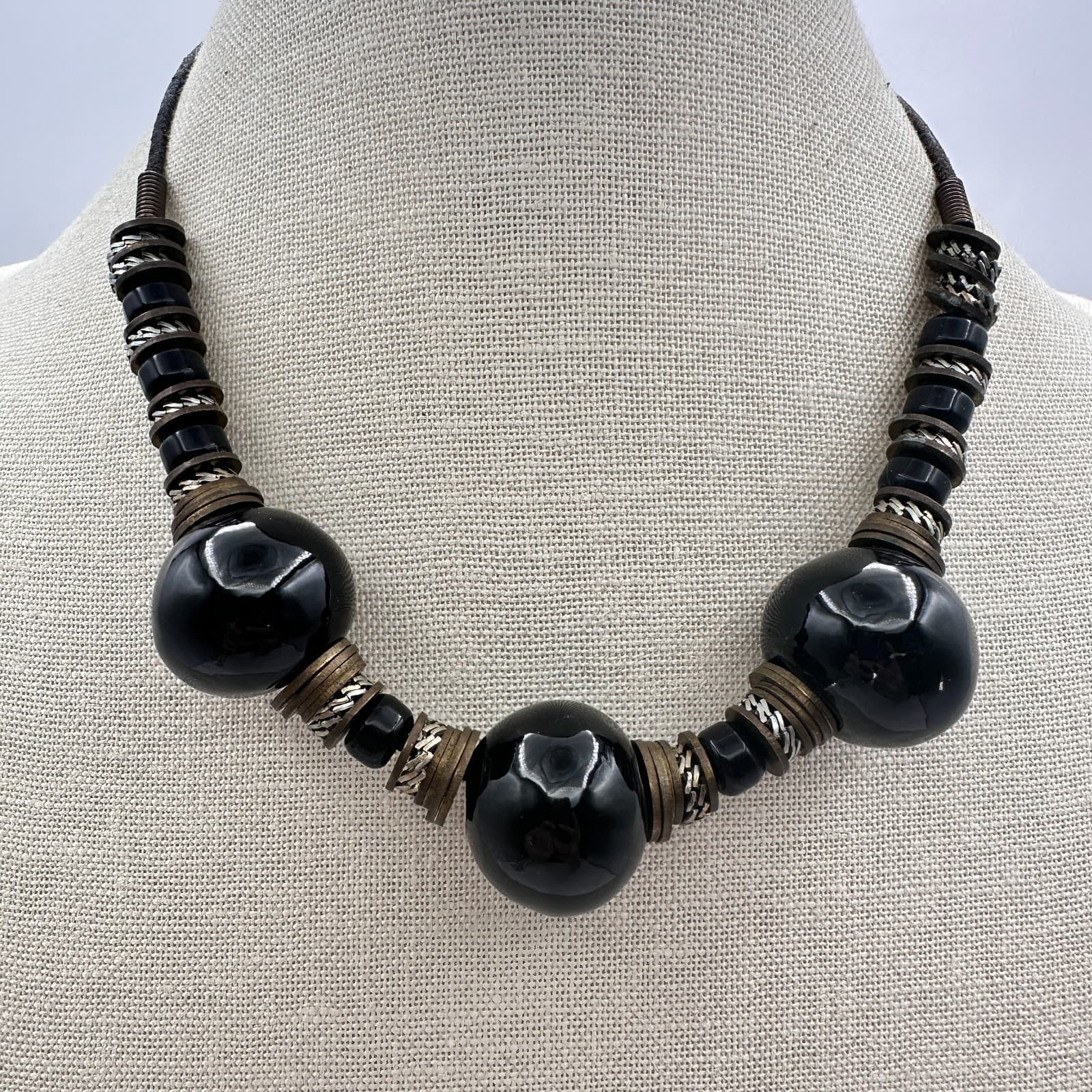 Vintage 80s Boho Black Ceramic Clay Bead Statement Necklace Tribal Brass Jewelry - Thumbnail 2