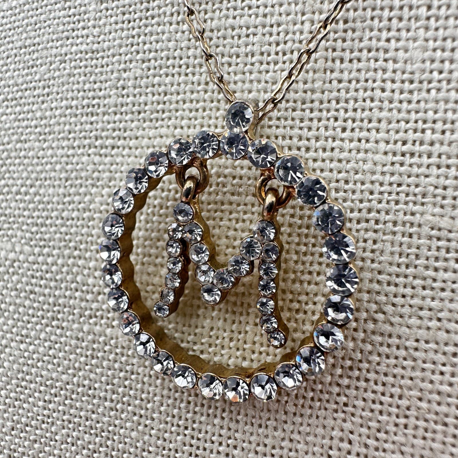 Vintage 90s Liz Claiborne Initial M Circle Pendant Necklace Gold Tone Rhinestone - Thumbnail 5