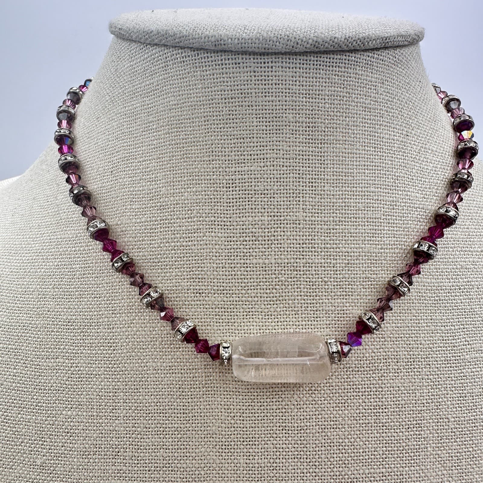 Vintage 90s Purple Beaded Necklace Silver Tone Clear Rhinestone Women's Jewelry - Thumbnail 8