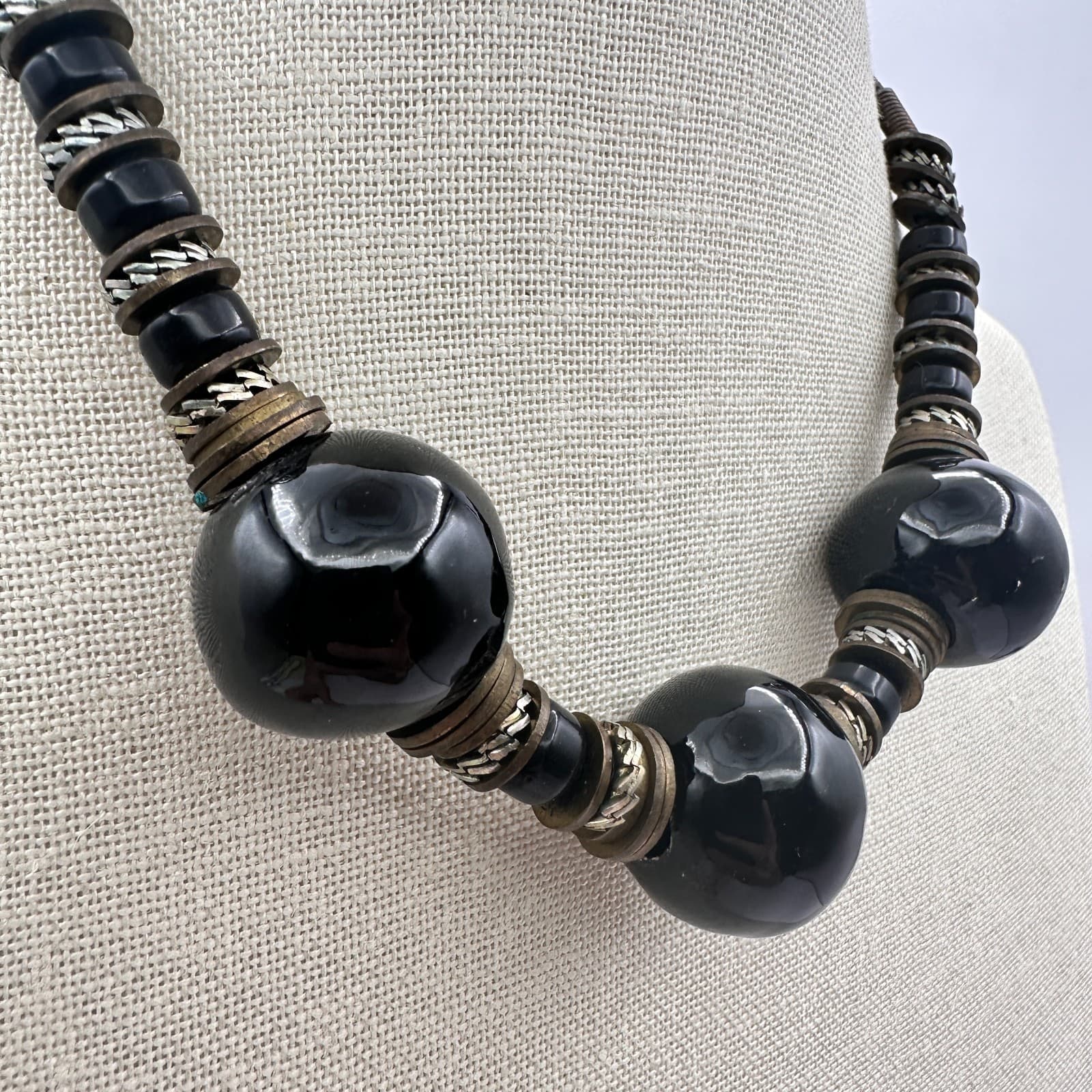 Vintage 80s Boho Black Ceramic Clay Bead Statement Necklace Tribal Brass Jewelry - Thumbnail 3