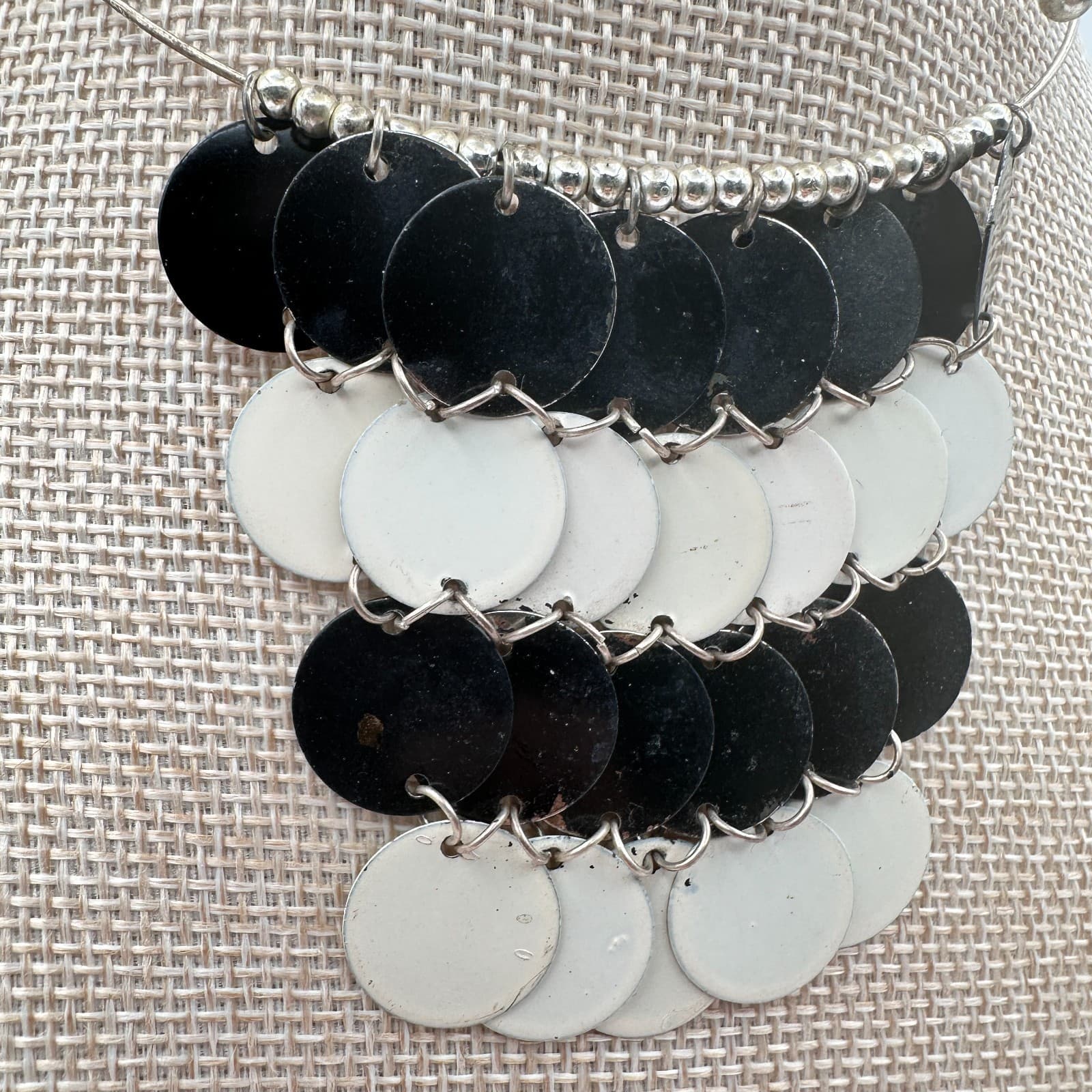 Vintage 90s Modern Black White Enamel Disc Bib Choker Metal Torque Women Jewelry - Thumbnail 3