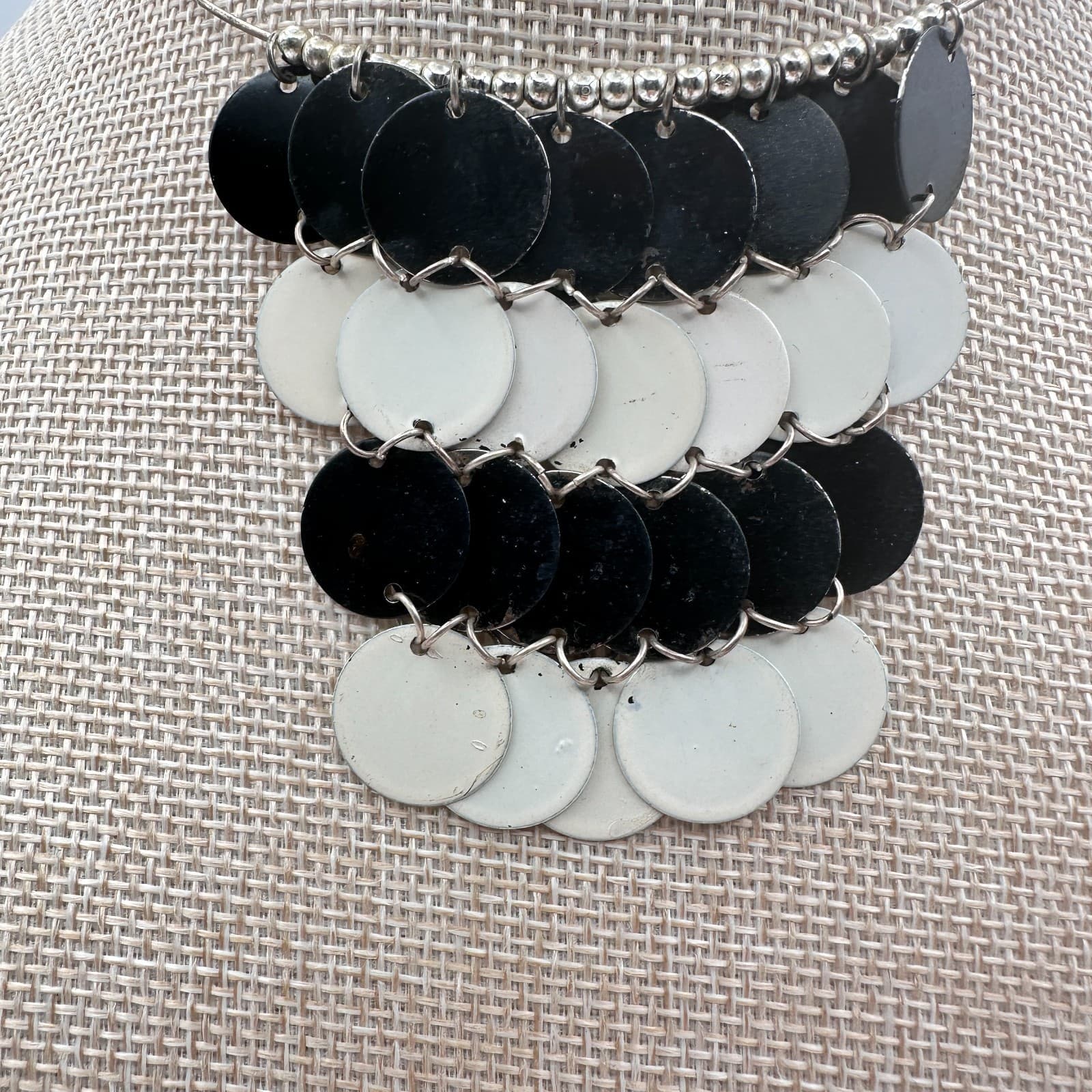 Vintage 90s Modern Black White Enamel Disc Bib Choker Metal Torque Women Jewelry - Thumbnail 2