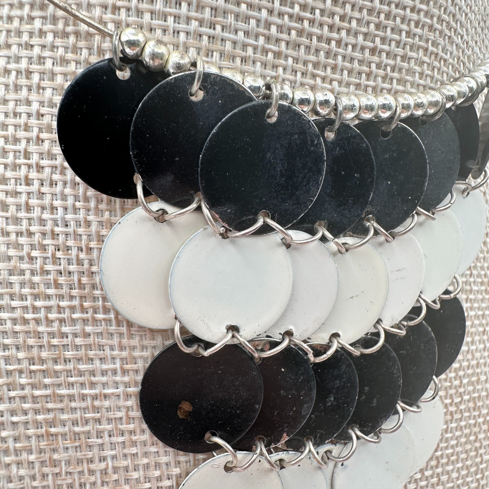 Vintage 90s Modern Black White Enamel Disc Bib Choker Metal Torque Women Jewelry - Thumbnail 4