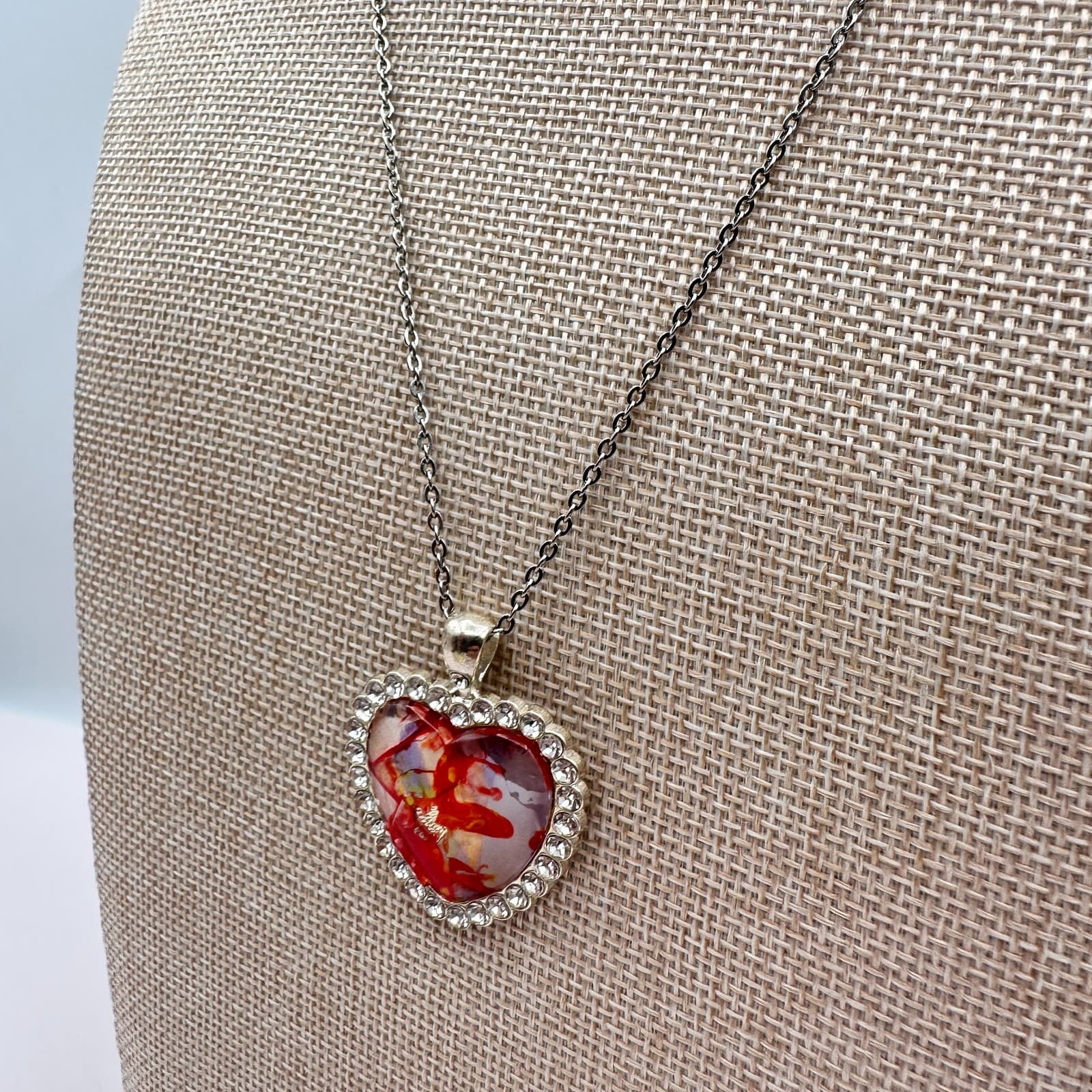 Vintage 80s Red Real Pressed Rose Heart Necklace Silver Tone Pendant Jewelry - Thumbnail 8