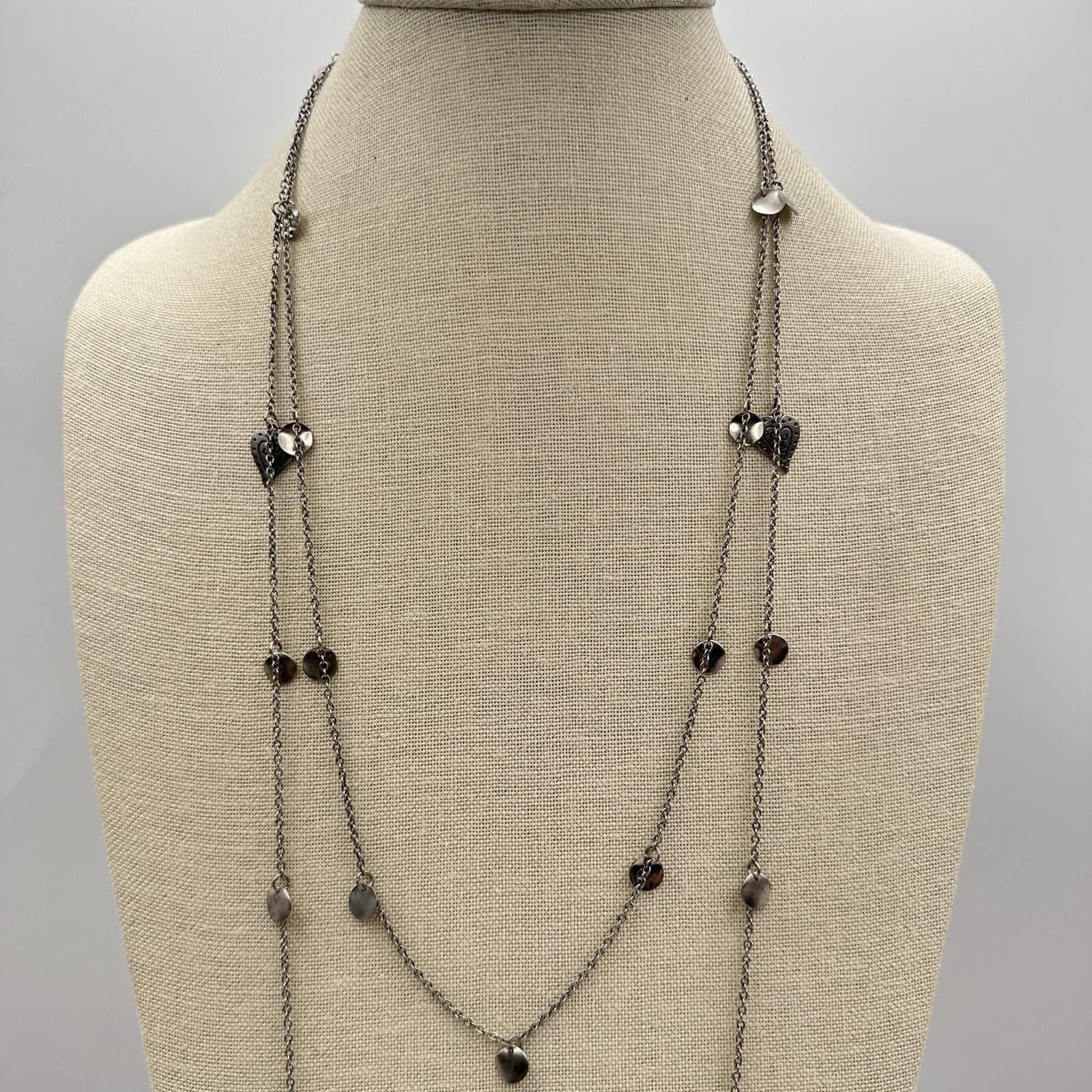 Vintage 90s Multi Strand Layered Necklace Silver Tone Hearts Disk Charms Jewelry - Thumbnail 2