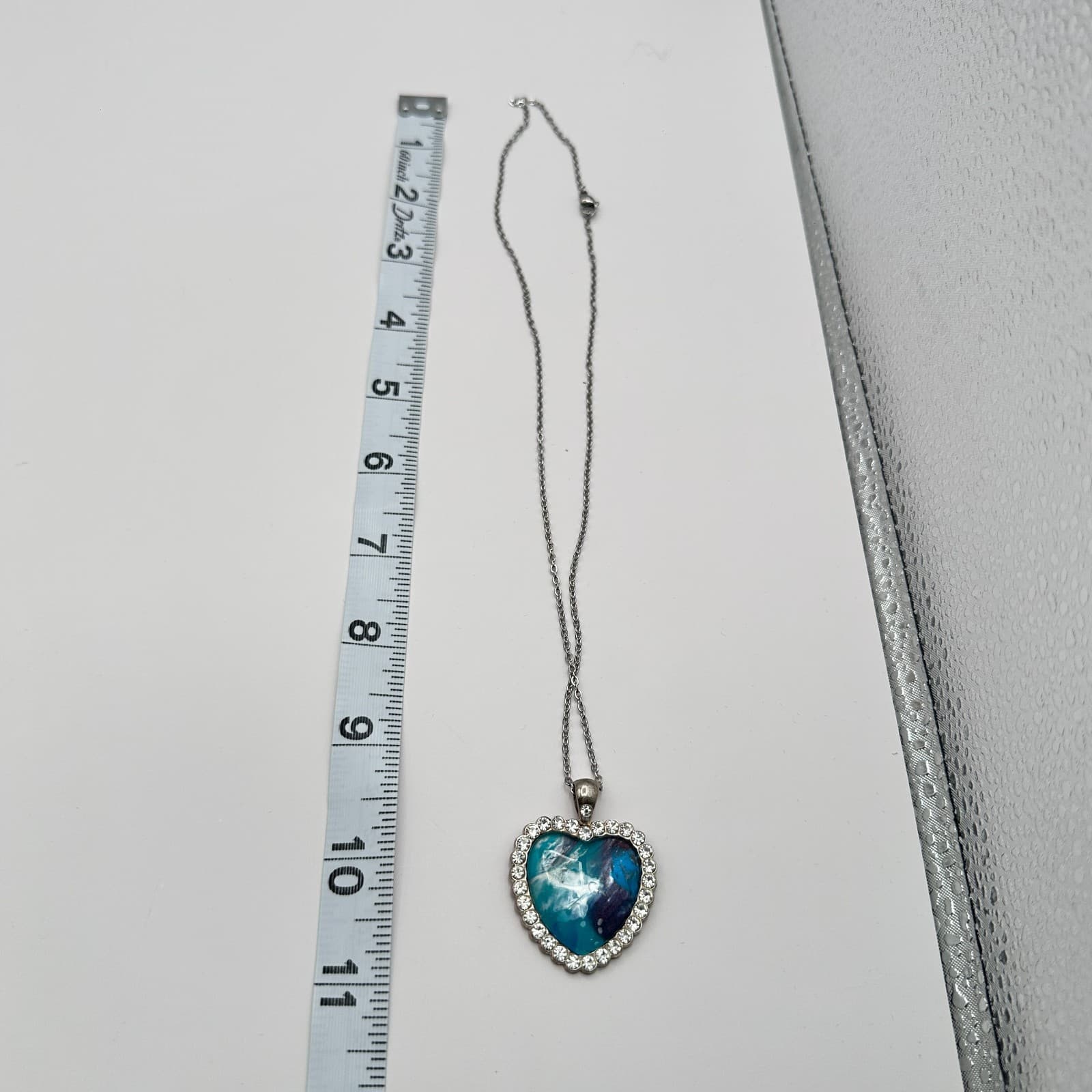 Vintage 80s Blue Fluid Art Heart Rhinestone Pendant Necklace Classic Jewelry - Thumbnail 7