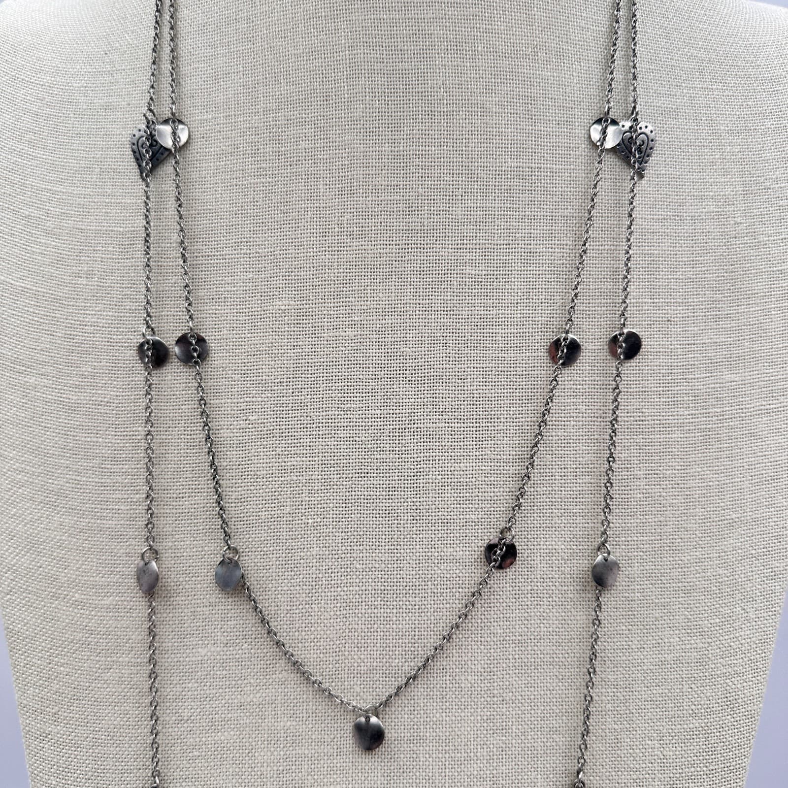 Vintage 90s Multi Strand Layered Necklace Silver Tone Hearts Disk Charms Jewelry - Thumbnail 3