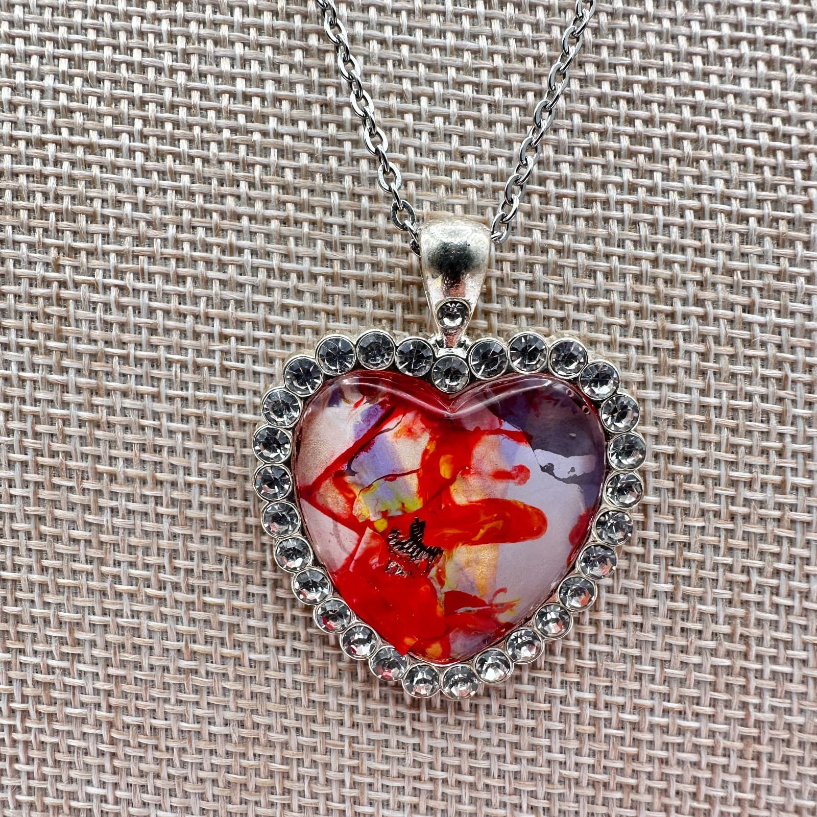 Vintage 80s Red Real Pressed Rose Heart Necklace Silver Tone Pendant Jewelry - Thumbnail 2
