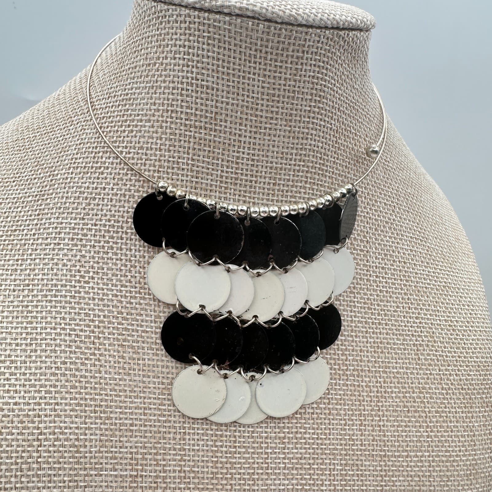 Vintage 90s Modern Black White Enamel Disc Bib Choker Metal Torque Women Jewelry - Thumbnail 5