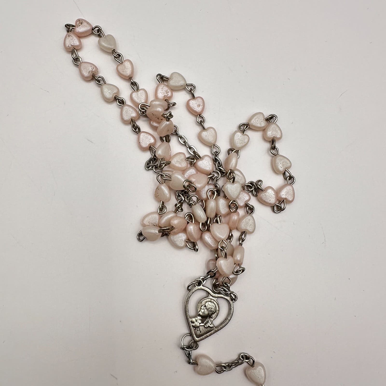 Vintage Y2K Heart Bead Catholic Rosary Necklace Silver Tone Crucifix Jewelry - Thumbnail 2