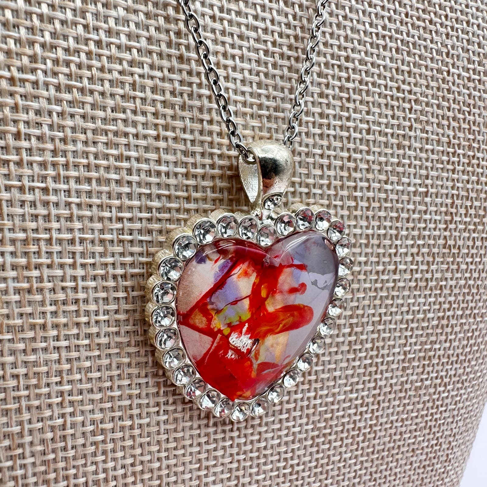 Vintage 80s Red Real Pressed Rose Heart Necklace Silver Tone Pendant Jewelry - Thumbnail 6