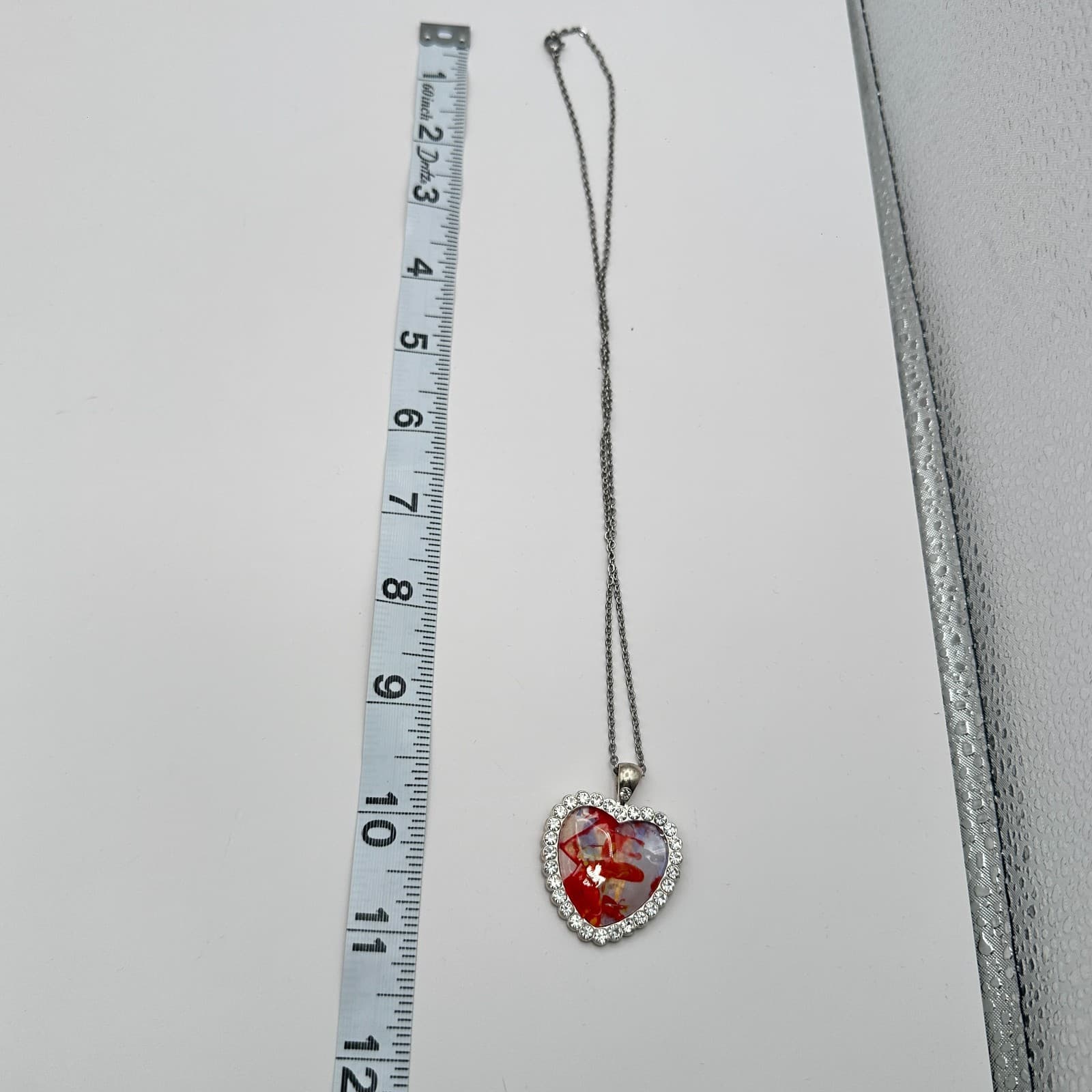 Vintage 80s Red Real Pressed Rose Heart Necklace Silver Tone Pendant Jewelry - Thumbnail 10