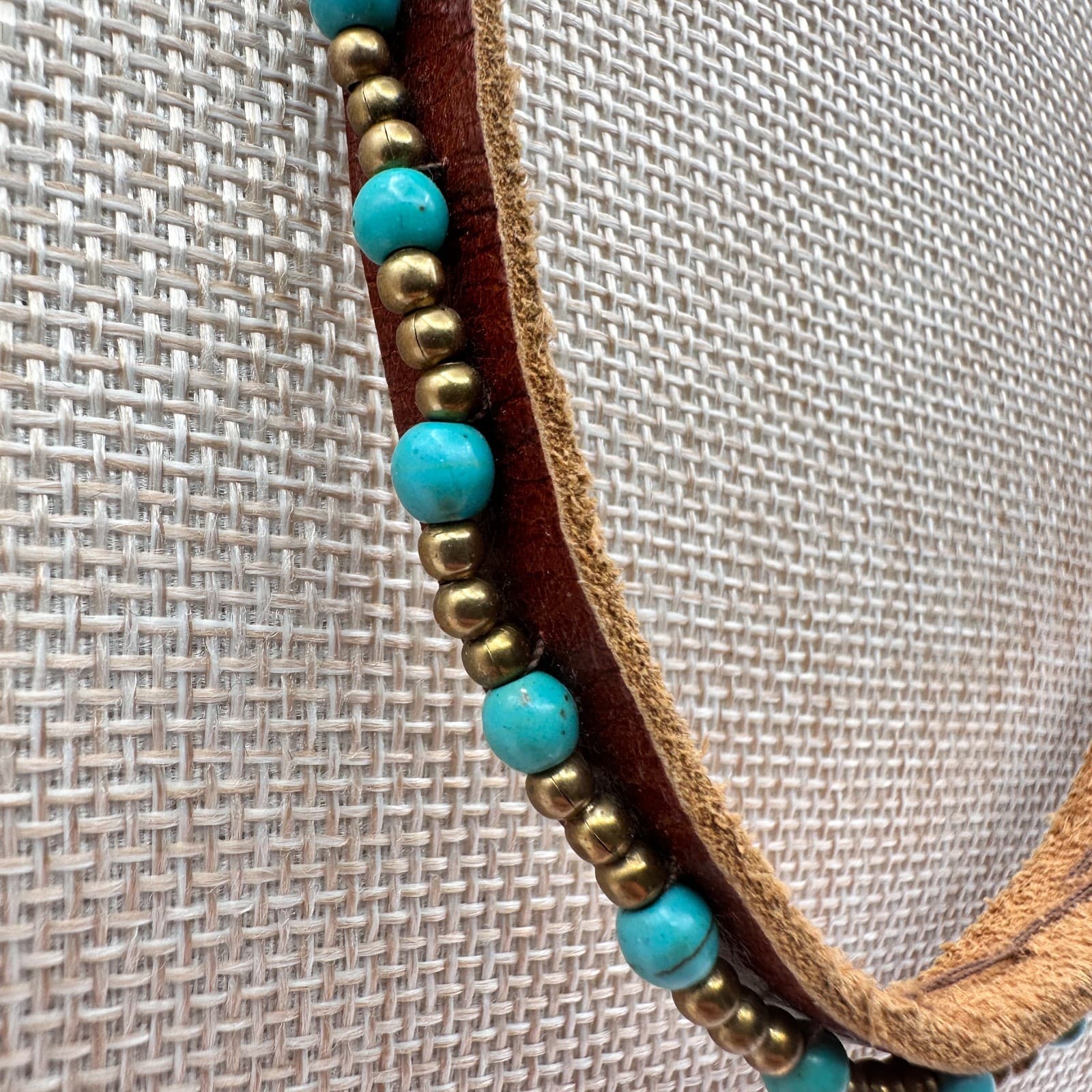 Vintage 90s Boho Leather Turquoise Beaded Necklace Women's Classic Jewelry - Thumbnail 2