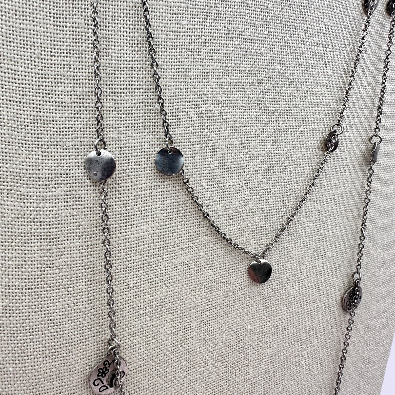 Vintage 90s Multi Strand Layered Necklace Silver Tone Hearts Disk Charms Jewelry - Thumbnail 4