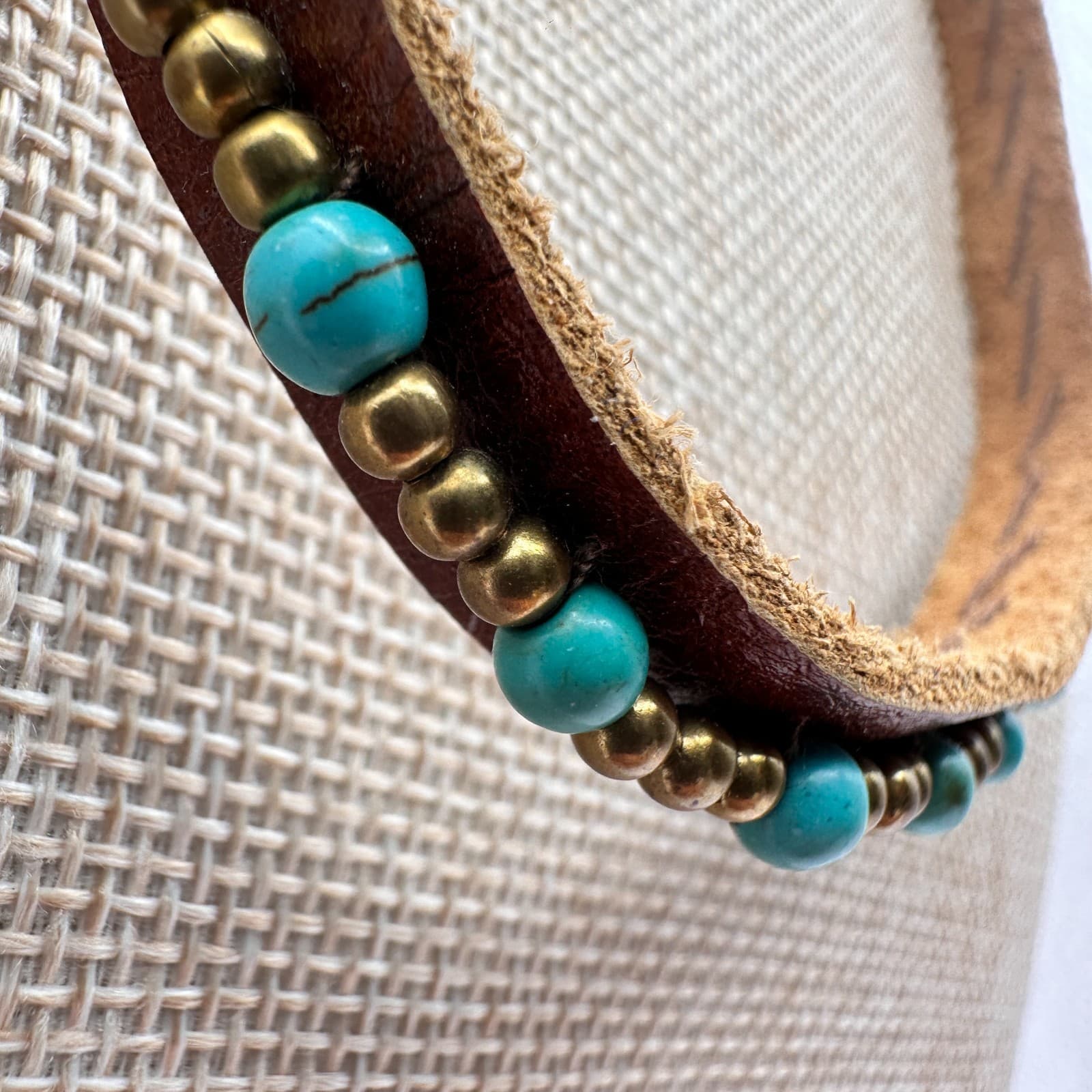 Vintage 90s Boho Leather Turquoise Beaded Necklace Women's Classic Jewelry - Thumbnail 4